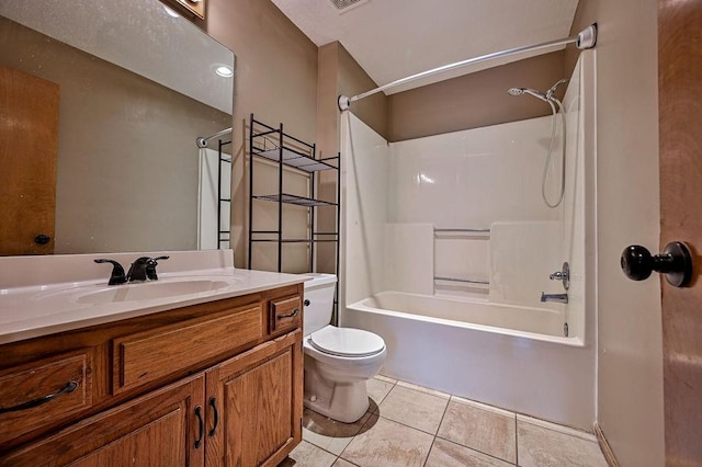 full bathroom with vanity, visible vents, tile patterned flooring, shower / bath combination, and toilet