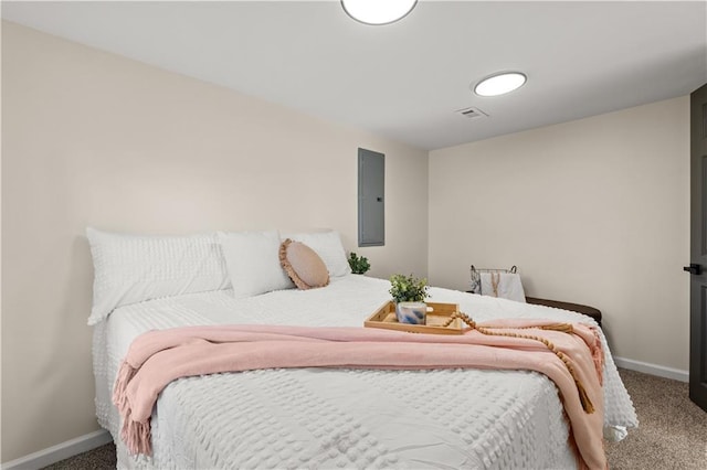 carpeted bedroom with electric panel, visible vents, and baseboards