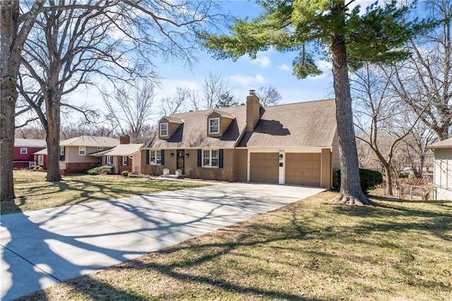 cape cod home featuring a front yard, roof with shingles, driveway, an attached garage, and a chimney