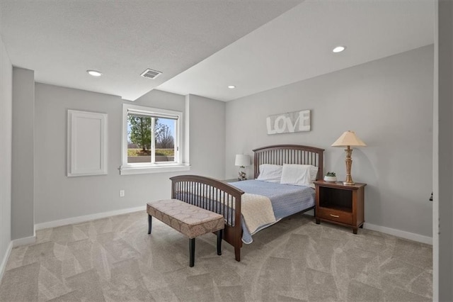 carpeted bedroom with visible vents, recessed lighting, and baseboards