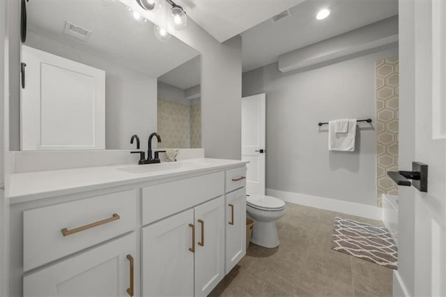 full bath featuring visible vents, baseboards, toilet, tile patterned floors, and vanity