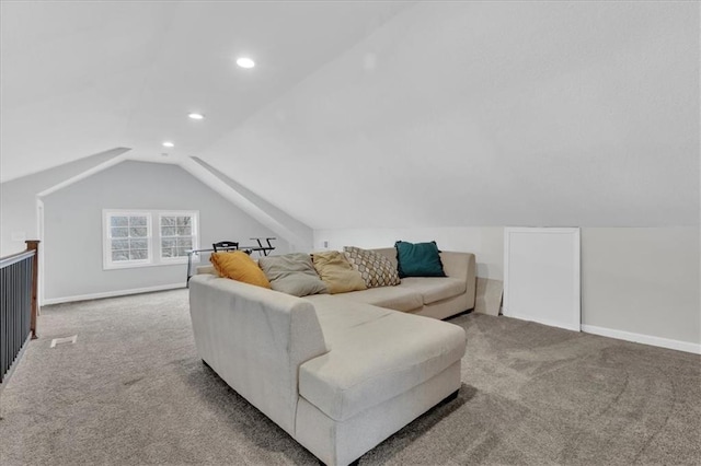 carpeted living area featuring recessed lighting, baseboards, and lofted ceiling