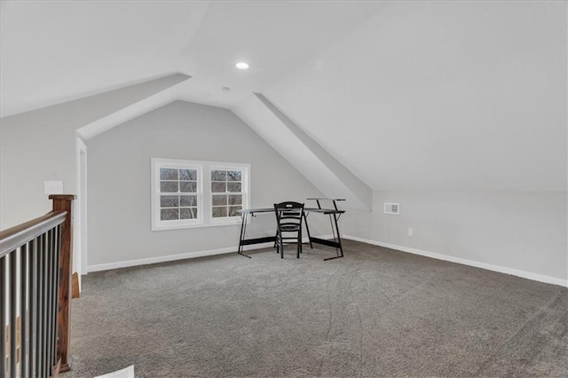 sitting room featuring carpet flooring, recessed lighting, baseboards, and lofted ceiling