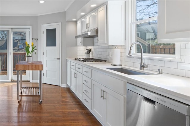 kitchen featuring ornamental molding, under cabinet range hood, a sink, appliances with stainless steel finishes, and light countertops