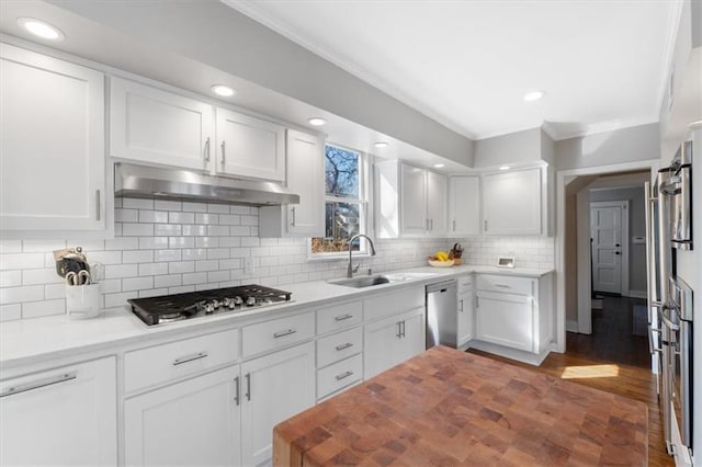 kitchen featuring ornamental molding, under cabinet range hood, a sink, stainless steel appliances, and white cabinets