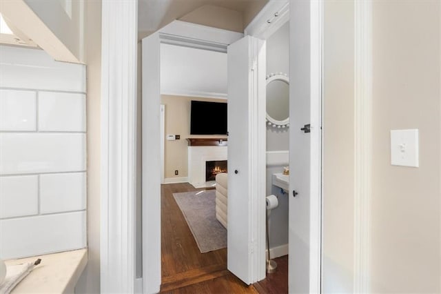 bathroom featuring wood finished floors and a warm lit fireplace