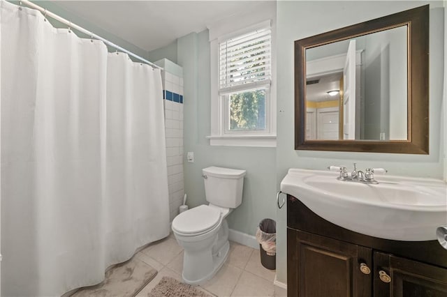 full bath featuring baseboards, toilet, a shower with curtain, tile patterned floors, and vanity