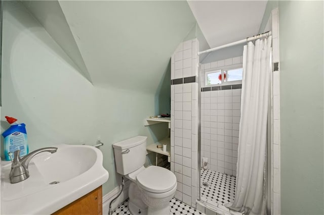 bathroom featuring lofted ceiling, toilet, a stall shower, and a sink