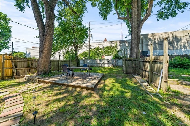 view of yard featuring a wooden deck and a fenced backyard