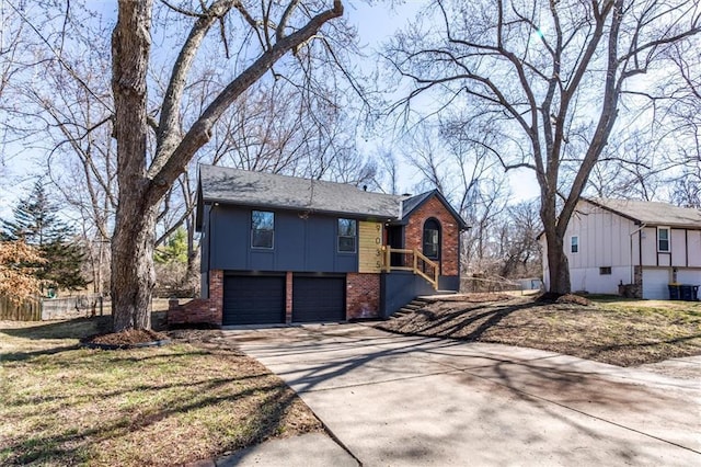 view of front of home featuring fence, board and batten siding, concrete driveway, a garage, and brick siding