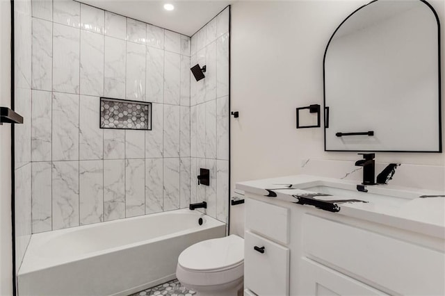 full bathroom with recessed lighting, vanity, toilet, and  shower combination