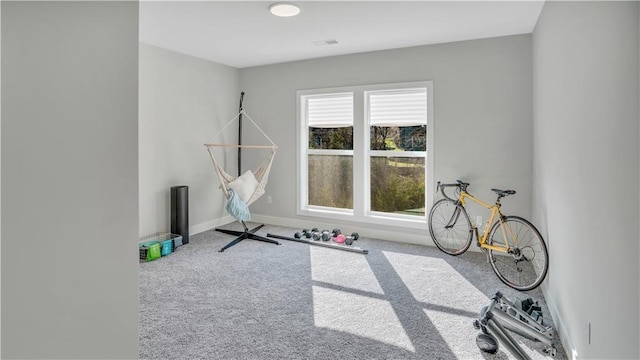 workout area with baseboards, carpet floors, and visible vents