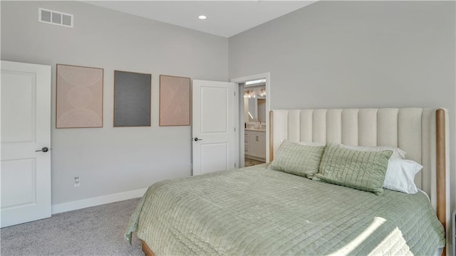 bedroom with visible vents, recessed lighting, baseboards, and carpet floors