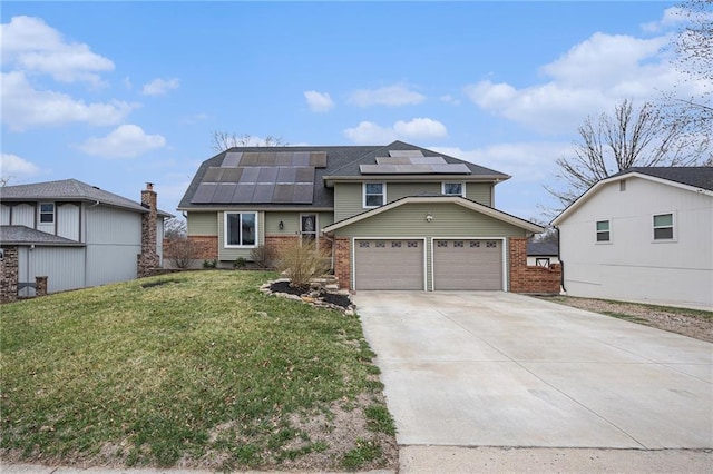 1008 Bristol Way, Liberty, MO 64068 - split level home with brick siding, solar panels, driveway, and a front lawn