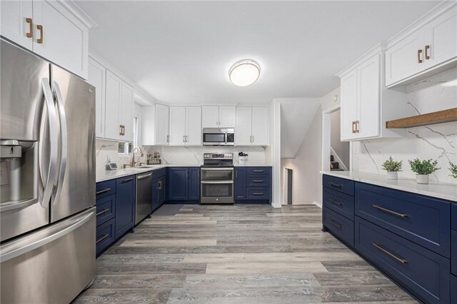 1008 Bristol Way, Liberty, MO 64068 - kitchen featuring blue cabinets, a sink, backsplash, appliances with stainless steel finishes, and white cabinets