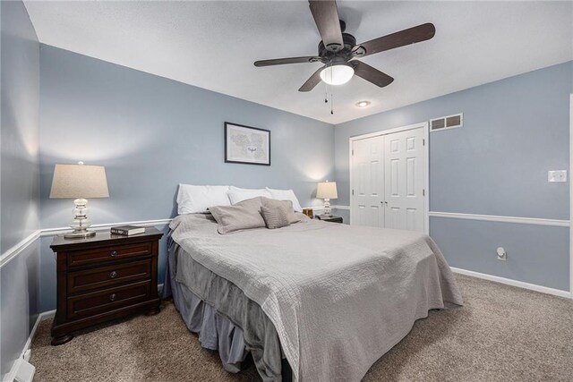 1008 Bristol Way, Liberty, MO 64068 - bedroom with visible vents, a ceiling fan, a closet, carpet floors, and baseboards