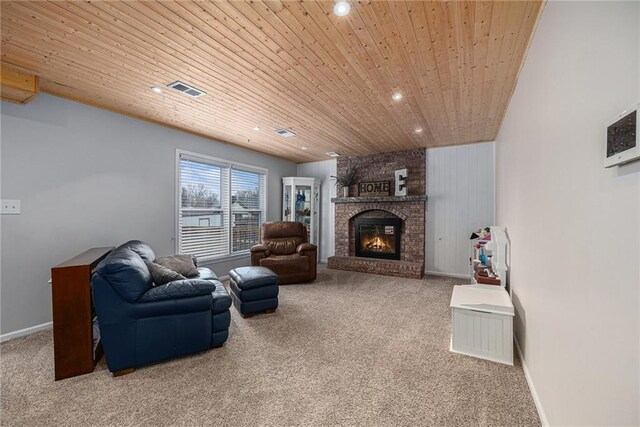 1008 Bristol Way, Liberty, MO 64068 - carpeted living area with visible vents, a brick fireplace, baseboards, recessed lighting, and wooden ceiling