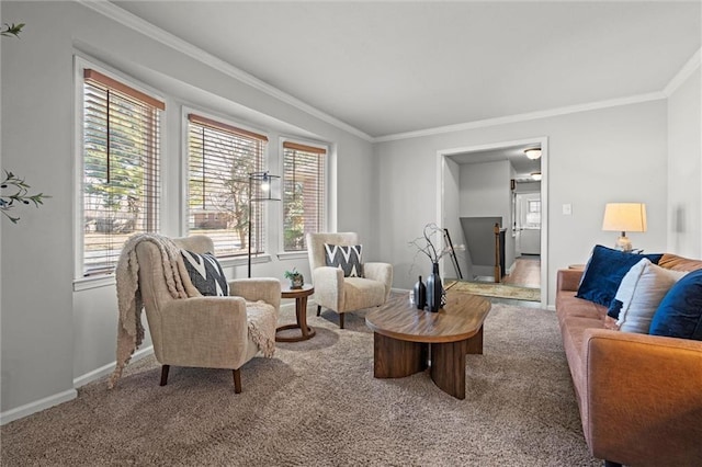 living area featuring baseboards, ornamental molding, and carpet flooring