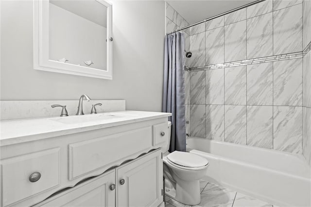 bathroom with vanity, toilet, marble finish floor, and shower / tub combo with curtain