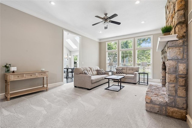 12109 Overbrook Ct, Leawood, KS 66209 - living area with a ceiling fan, ornamental molding, carpet flooring, recessed lighting, and plenty of natural light