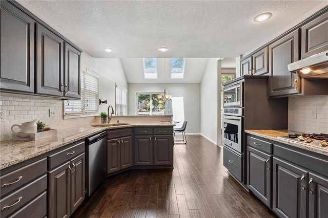 12109 Overbrook Ct, Leawood, KS 66209 - kitchen with appliances with stainless steel finishes, a skylight, a peninsula, a textured ceiling, and dark wood-style flooring