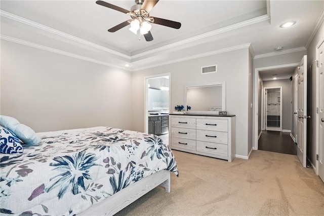12109 Overbrook Ct, Leawood, KS 66209 - bedroom with a tray ceiling, light colored carpet, ornamental molding, recessed lighting, and ceiling fan