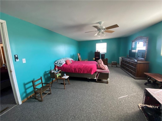 bedroom featuring baseboards, carpet, and a ceiling fan