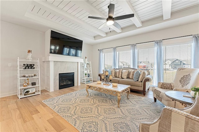 living room featuring beam ceiling, light wood-style flooring, a ceiling fan, a fireplace, and baseboards