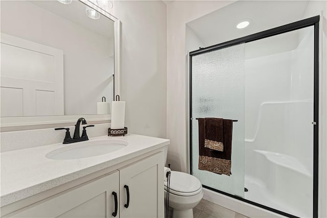 full bath featuring tile patterned floors, a stall shower, toilet, and vanity