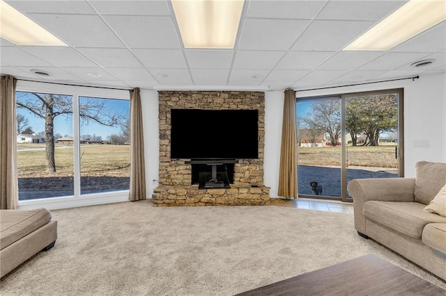 living area with a drop ceiling and carpet