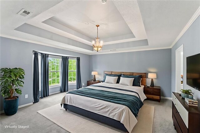 24987 W 150th Ct, Olathe, KS 66061 - bedroom featuring a raised ceiling, light colored carpet, baseboards, a chandelier, and crown molding