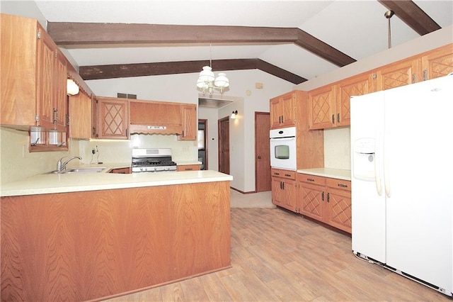 25237 NW Barton Rd, Westphalia, KS 66093 - kitchen with white appliances, beamed ceiling, light wood-type flooring, light countertops, and a sink