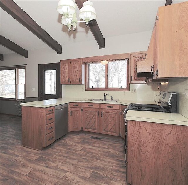 25237 NW Barton Rd, Westphalia, KS 66093 - kitchen featuring stainless steel dishwasher, a peninsula, beam ceiling, and an inviting chandelier