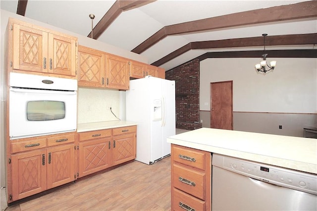 25237 NW Barton Rd, Westphalia, KS 66093 - kitchen with pendant lighting, white appliances, light countertops, lofted ceiling with beams, and light wood finished floors