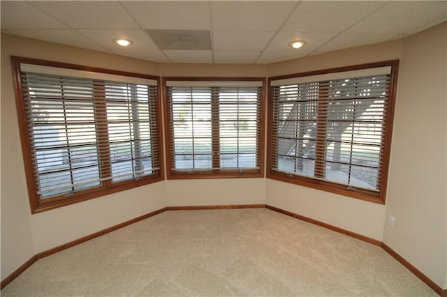 spare room with a drop ceiling, baseboards, and carpet floors