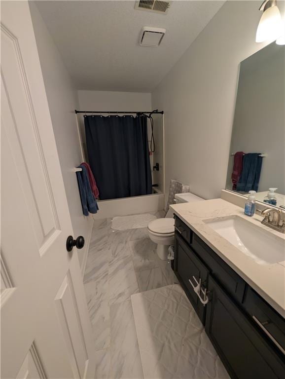 7730 N Shannon Ave, Kansas City, MO 64152 - full bath with marble look tiles, shower / tub combo with curtain, vanity, and toilet
