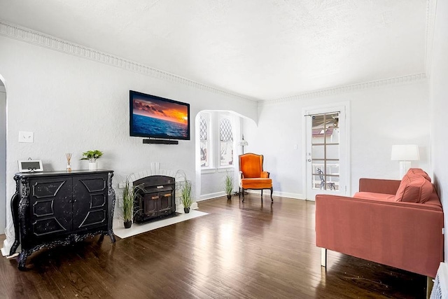 living area featuring a wood stove, wood finished floors, and arched walkways