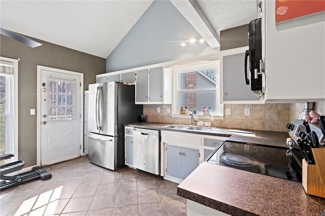 kitchen featuring a sink, dark countertops, a wealth of natural light, and stainless steel appliances