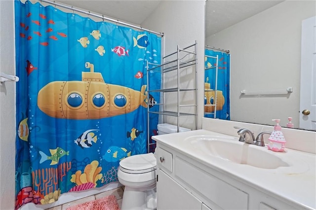 full bath with tile patterned floors, toilet, vanity, and a shower with curtain