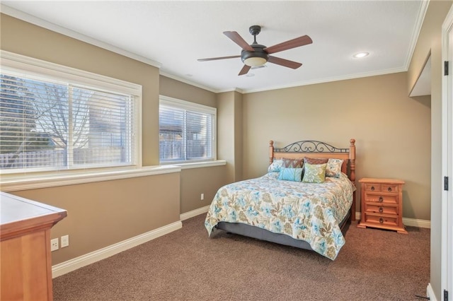 bedroom with baseboards, a ceiling fan, carpet flooring, and crown molding