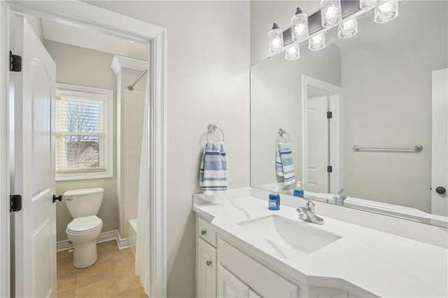 full bath featuring vanity, baseboards, shower / bath combo, tile patterned flooring, and toilet