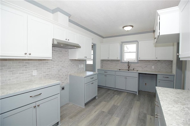 kitchen featuring under cabinet range hood, light wood-type flooring, decorative backsplash, a textured ceiling, and a sink