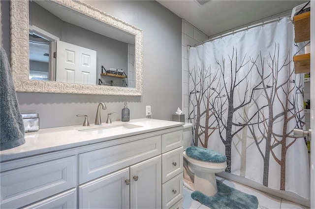 bathroom with vanity, a shower with shower curtain, toilet, and tile patterned flooring