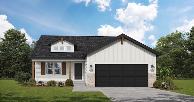 view of front of home featuring driveway, a front lawn, board and batten siding, and an attached garage