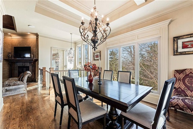 dining area featuring an inviting chandelier, a tray ceiling, a fireplace, dark wood-style flooring, and crown molding