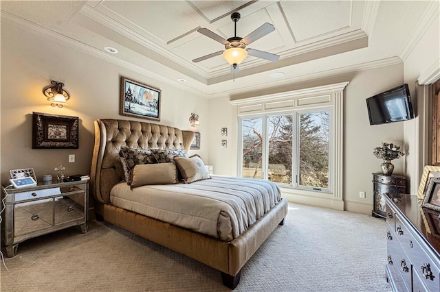 bedroom featuring light carpet, a raised ceiling, crown molding, and ceiling fan