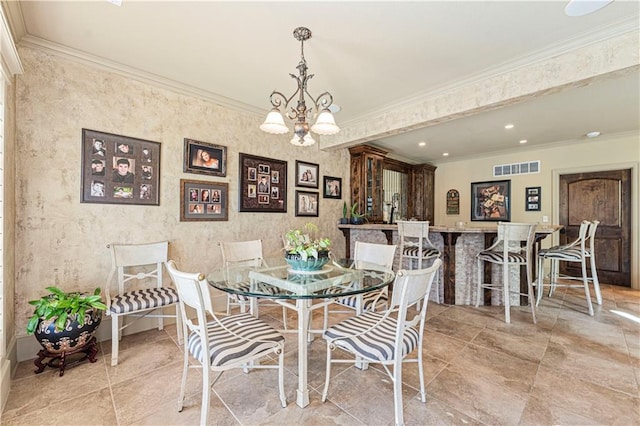 dining space with a chandelier, visible vents, recessed lighting, and crown molding