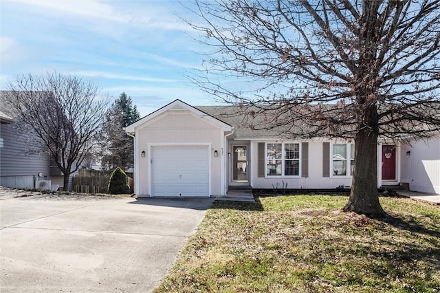 single story home featuring a front lawn, fence, a garage, and driveway