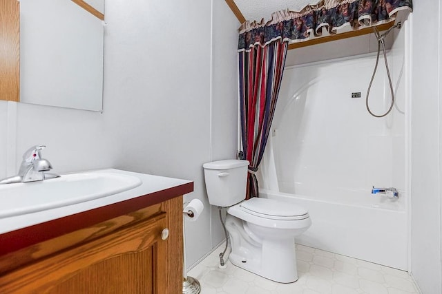 bathroom featuring vanity, tile patterned floors, toilet, and shower / tub combo with curtain