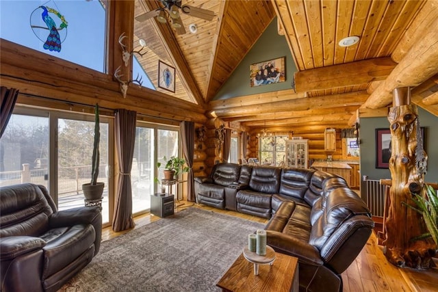 living area featuring high vaulted ceiling, wood ceiling, a ceiling fan, and hardwood / wood-style flooring